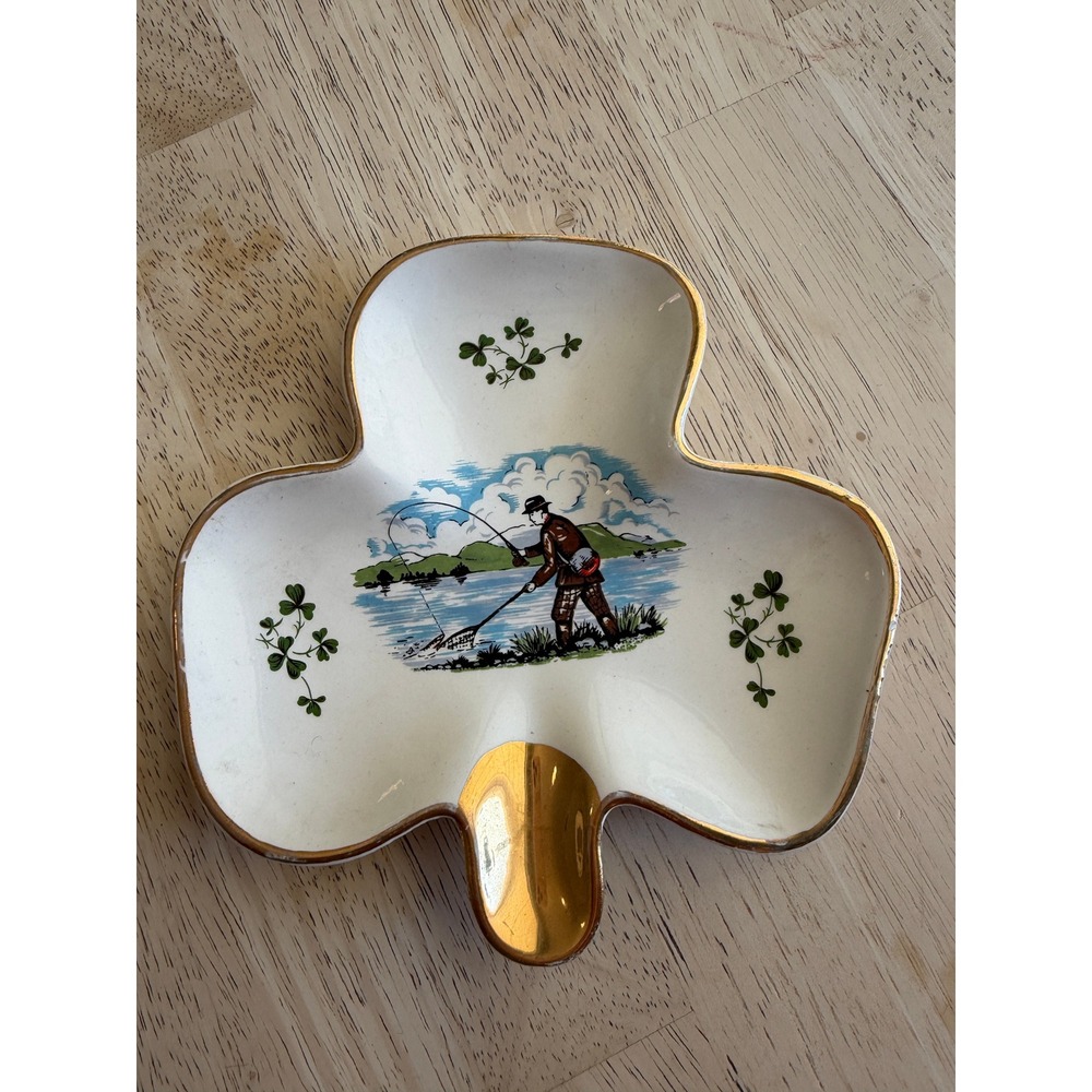 Vintage Carrigaline Pottery Ireland Shamrock Ashtray Fly Fisherman Gold Trim 6"